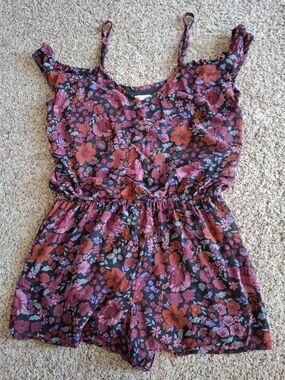 Xhilaration Floral Cold-Shoulder Romper in Black, Pink & Orange